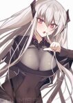  1girl arm_behind_back beak_(girls&#039;_frontline) breasts commentary commission covered_navel finger_to_mouth girls&#039;_frontline grey_hair hair_between_eyes headgear highres large_breasts long_hair looking_at_viewer open_mouth phago pink_eyes sangvis_ferri simple_background solo upper_body white_background 