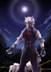  absurd_res anthro belt bottomwear canid canine canis city clothing costume echoeclair fingerless_gloves fur gloves hair handwear hi_res male mammal mihoyo night pants red_eyes shirt solo suit topwear von_lycaon white_body white_fur white_hair wolf zenless_zone_zero 