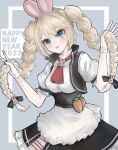  1girl 2023 animal_ears apron black_vest blonde_hair blue_eyes braid carrot chinese_zodiac commentary_request cowboy_shot enuoxo fake_animal_ears frilled_apron frills g36_(girls&#039;_frontline) girls&#039;_frontline gloves hair_ornament happy_new_year highres long_hair looking_at_viewer necktie open_mouth puffy_short_sleeves puffy_sleeves rabbit_ears rabbit_hair_ornament red_necktie short_sleeves skirt smile solo twin_braids vest white_apron white_gloves year_of_the_rabbit 