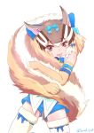  1girl animal_ears belt brown_eyes brown_hair chipmunk_ears chipmunk_girl chipmunk_tail elbow_gloves extra_ears gloves highres kemono_friends kemono_friends_v_project kneehighs looking_at_viewer microphone ribbon saival_cat shirt short_hair shorts siberian_chipmunk_(kemono_friends) simple_background sleeveless sleeveless_shirt socks solo tail tongue virtual_youtuber 