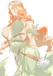  1girl armlet breasts circlet dress feather_hair_ornament feathers final_fantasy final_fantasy_xiv from_side green_dress hair_ornament highres large_breasts long_hair nophica ogata_tomio orange_hair profile simple_background solo underboob white_background yellow_eyes 