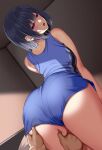  1girl arched_back ass bangs bare_arms bare_shoulders blue_hair blue_shirt blue_shorts blush commentary_request from_behind hand_on_another&#039;s_ass hand_on_another&#039;s_leg huyumitsu indoors looking_at_viewer looking_back mole mole_under_eye open_mouth original purple_eyes shirt short_hair shorts sleeveless sleeveless_shirt smile solo_focus thighs 