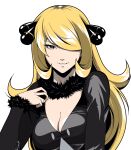 1girl alternate_eye_color black_shirt blonde_hair breasts cleavage cynthia_(pokemon) dmjh93 english_commentary fur_collar fur_trim grey_background hair_ornament hair_over_one_eye hand_up highres holding holding_poke_ball long_hair long_sleeves looking_at_viewer medium_breasts parted_lips poke_ball pokemon pokemon_(game) pokemon_dppt shirt simple_background solo ultra_ball upper_body yellow_eyes 