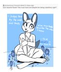  2023 3_toes anthro ask_blog blue_background blue_theme bottomwear canid canine canis clothed clothing dialogue digital_media_(artwork) enginetrap english_text feet female flower fully_clothed fur head_tuft hi_res jackal looking_at_viewer mammal plant shorts simple_background sitting solo syl_(enginetrap) text toes tuft 