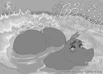  2022 absurd_res anthro big_butt butt carafalsa common_hippopotamus dreamworks fart fart_bubbles fart_fetish female gloria_the_hippopotamus hi_res hippopotamid huge_butt madagascar_(series) mammal monochrome narrowed_eyes overweight overweight_female partially_submerged solo water 