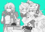  3girls ahoge antonina_(girls&#039;_frontline_nc) aqua_background candy croque_(girls&#039;_frontline_nc) expressionless fingerless_gloves food fur_collar girls&#039;_frontline girls&#039;_frontline_neural_cloud gloves goggles goggles_around_neck greyscale hair_between_eyes hair_ornament hair_scrunchie hat headphones holding holding_wrench hug hug_from_behind jacket lollipop long_hair long_sleeves looking_at_another monochrome multiple_girls nakiusagi scrunchie skull_print sol_(girls&#039;_frontline_nc) typing upper_body wrench 