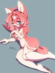  blue_eyes breasts canid canine female fox fur hair kaitou kemono lying mammal nipples on_side open_mouth pink_fur pink_hair rel solo sweat tongue tongue_out 