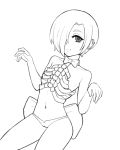  1girl bare_shoulders bow character_request drawfag ear_clip earrings greyscale hair_over_one_eye hands_up jewelry lineart looking_at_viewer monochrome navel panties short_hair simple_background sitting sketch smile solo underwear white_background 