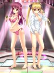  amane_(dream_c_club) barefoot bikini blonde_hair brown_eyes dream_c_club dream_c_club_(series) dress_shirt highres long_hair mian_(dream_c_club) microphone multiple_girls panties red_hair shirt side-tie_bikini striped striped_panties swimsuit twintails underwear yellow_eyes yurina 