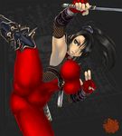  1girl black_hair body_suit bodysuit breasts brown_eyes fishnets kunoichi large_breasts long_hair ninja skin_tight solo soul_calibur soulcalibur_iv spread_legs taki taki_(soulcalibur) xuexue_yue_hua xuexueyuehua 