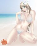  1girl beach bikini blonde_hair blue_eyes breasts flower flower_in_hair green_eyes hair_flower hair_ornament lace large_breasts lingerie solo sophitia_alexandra soul_calibur swimsuit underwear xuexue_yue_hua xuexueyuehua 