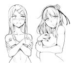 2girls bangs black_nails blush breasts collarbone commentary covering covering_breasts dagashi_kashi endou_saya english_commentary eyebrows_visible_through_hair fang flower ghettoyouth hair_flower hair_ornament hair_ribbon hairband hairclip large_breasts long_hair looking_at_another looking_at_viewer monochrome multiple_girls nail_polish navel nude ribbon rose shidare_hotaru short_hair simple_background sketch small_breasts white_background 