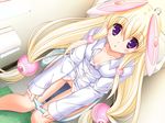  1girl :o blonde_hair blush dress_shirt game_cg indoors long_hair long_sleeves miru_(&amp;_love) naked_shirt panties panty_pull purple_eyes shirt sitting solo toilet toilet_use underwear yuyi 