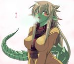  blush breast_squeeze breasts breath covered_nipples dragon_girl duplicate fang green_skin large_breasts light_brown_hair long_hair messy_hair monster_girl ooike_teru original pointy_ears red_eyes ryuujin_no_senpai scales scarf solo tail 