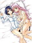  absurdres ahoge bed blue_hair bottomless breasts cleavage demon_tail dress_shirt frilled_pillow frills green_eyes highres lala_satalin_deviluke legs long_hair lying medium_breasts multiple_girls no_pants on_back on_side pajamas panties pillow pink_hair sairenji_haruna scan shirt short_hair smile tail to_love-ru underwear white_panties yabuki_kentarou 