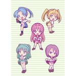  blue_hair chibi green_eyes green_hair long_hair mario_(makoto) multiple_girls open_mouth original panties pink_eyes pink_hair ponytail purple_eyes purple_hair school_uniform short_hair skirt skirt_lift striped striped_panties twintails underwear yellow_eyes 