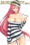  beanie breast_slip breasts bursting_breasts cuffs handcuffs hat hawoku_ishibare large_breasts long_hair nipples one_breast_out original pink_hair prison_clothes purple_eyes solo 