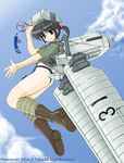  aircraft airplane ass black_hair bomber character_name day flying fundoshi hair_bobbles hair_ornament hat japanese_clothes mecha_musume military military_vehicle nanashi_(7th_exp) original sky type88_light_bomber wind_chime 