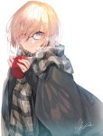  1girl alternate_hair_color black-framed_eyewear black_sweater blanket blonde_hair blush brown_scarf closed_mouth coffee_mug cup fate/grand_order fate_(series) glasses hair_over_one_eye hands_up highres holding holding_cup long_sleeves looking_at_viewer mash_kyrielight mug nishikiya plaid plaid_scarf purple_eyes ribbed_sweater scarf short_hair sidelocks signature simple_background sleeves_past_wrists smile solo steam sweater upper_body white_background 