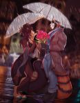  ailurid anthro canid canine clothed clothing duo female flower furlana male mammal open_mouth outside plant raining red_panda smile standing umbrella 