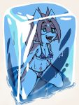  anthro blue_eyes breasts canid canine clothing female fox frozen fur hair ice kaitou kemono kneeling mammal navel open_mouth pink_fur pink_hair rel simple_background solo swimsuit tongue tongue_out 