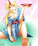  alcohol bad_id bad_pixiv_id barefoot blonde_hair breasts cleavage cup horn hoshiguma_yuugi hoshiguma_yuugi_(promo) japanese_clothes kimono large_breasts long_hair momoriri red_eyes sakazuki sake solo touhou 