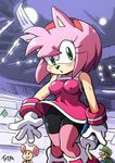  2boys aku_tojyo amy_rose armband bare_shoulders bike_shorts bottle breasts cameltoe covered_nipples crossover dress gloves green_eyes hairband luigi multiple_boys pink_hair short_hair sonic_the_hedgehog stadium sweat toad water_bottle white_gloves 