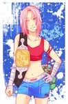  bandages boxing haruno_sakura midriff naruto naruto_(series) one_eye_closed pink_hair samurai-pet shorts solo 