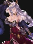  1girl animal_ears armor armored_dress bangs bare_shoulders breasts damegane erune granblue_fantasy hair_between_eyes hair_tubes heles highres large_breasts long_hair looking_at_viewer sidelocks silver_hair solo 