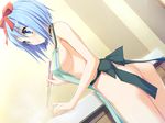  1girl apron blue_eyes blue_hair cooking game_cg naked_apron ribbon short_hair smile solo 