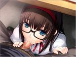  1boy 1girl :&gt;= amamiya_hikari aqua_eyes brown_hair censored character_request cum cum_in_mouth fellatio game_cg glasses headband imouto_ni_boukyaku_no_shitone_o oral parthenon_(company) penis shimano_natsume source_request under_table under_the_table 