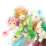  2boys asbel_lhant blue_eyes blue_hair braid brown_eyes brown_hair cheria_barnes green_shirt hubert_ozwell mooche multiple_boys pink_hair shirt tales_of_(series) tales_of_graces white_background younger 