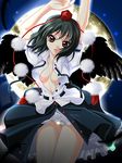  arms_up bad_id bad_pixiv_id black_hair black_wings expressionless hat looking_at_viewer moon nattsu no_bra open_clothes open_mouth open_shirt open_skirt panties red_eyes shameimaru_aya shirt short_hair skirt solo tokin_hat touhou underwear wings 