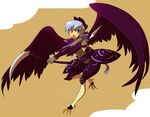  blue_eyes blue_hair busou_shinki feathered_wings feathers flying fubuki_(busou_shinki) harpy kakikukeko monster_girl scythe solo weapon wings 