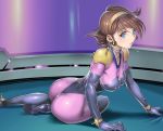  1girl :o arm_support ass blue_eyes blush bodysuit breasts brown_hair elbow_gloves erect_nipples g_gundam gloves gundam hanging_breasts headband high_heels highres impossible_bodysuit impossible_clothes lips looking_at_viewer looking_to_the_side mobile_trace_suit msda nipples rain_mikamura short_hair shoulder_armor skin_tight solo spaulders 