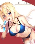  1girl alice_schuberg arm_behind_back bare_shoulders bent_over bikini blonde_hair blue_bikini blue_eyes blush braid breasts character_name cleavage collarbone commentary_request food hair_between_eyes hairband highres holding holding_food i-pan ice long_hair looking_at_viewer navel open_mouth ribbon solo swimsuit sword_art_online thighhighs very_long_hair white_legwear 