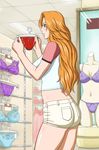  1girl ass bleach blue_eyes blush female hanger highres indoors lingerie long_hair matsumoto_rangiku orange_hair panties shorts solo standing underwear x_bokkis 