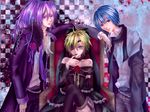  armchair blonde_hair blue_eyes chain chair checkered choker crossdressing dress eyepatch finger_to_mouth flower gown imitation_black_(vocaloid) jewelry kagamine_len kaito kamui_gakupo long_hair multiple_boys nail_polish necklace necktie non-web_source ponytail purple_eyes purple_hair rose scarf short_hair side_ponytail vocaloid 