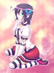  aqua_eyes black_hair bug butterfly copyright_request detached_sleeves hair_ornament insect oohira_sunset skirt solo striped striped_legwear thighhighs 