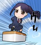  black_hair blazer brown_eyes chibi dragon_ball dragon_ball_(classic) flying hirai_yukio jacket mahjong mahjong_tile motion_lines oversized_object parody ponytail saki school_uniform sky_surfing solo tao_pai_pai tsuruga_school_uniform tsuyama_mutsuki 