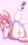  blue_eyes canid canine fangs female fox fur hair kaitou kemono lying mammal on_back open_mouth pawpads pink_fur pink_hair pussy raised_leg rel smile solo sweat tongue tongue_out 