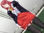  1girl bible_black blush classroom discreet_vibrator dutch_angle game_cg masturbation one_eye_closed pencil_skirt red_hair sei_shoujo standing takashiro_hiroko thighhighs vibrator zettai_ryouiki 