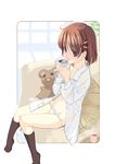  black_legwear blush brown_eyes brown_hair cup dress_shirt drinking hair_ornament hairclip kneehighs legs lowleg no_pants open_clothes open_shirt original panties pillow shirt socks solo stuffed_animal stuffed_toy takei_ooki underwear white_panties 