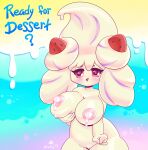  absurd_res alcremie artpig big_breasts bodily_fluids breasts english_text female food food_creature generation_8_pokemon genitals hi_res holding_breast humanoid lactating nintendo open_mouth pokemon pokemon_(species) pussy solo text 