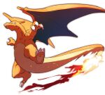  blurry charizard claws closed_mouth fangs fangs_out flame-tipped_tail full_body highres looking_at_viewer morio_(poke_orio) no_humans pokemon pokemon_(creature) simple_background solo white_background 
