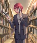  1boy bag bangs blue_eyes book bookshelf buttons cellphone chinese_commentary closed_mouth collared_shirt commentary_request ensemble_stars! glasses hair_between_eyes highres holding holding_book holding_phone long_sleeves male_focus phone purple_hair rrr_(reason) saegusa_ibara shelf shirt short_hair smartphone solo 