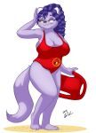  2019 anthro baywatch beach belly belly_overhang big_breasts big_hair breasts cleavage clothed clothing curvy_figure domestic_cat english_text eyeshadow felid feline felis female hair half-closed_eyes hi_res makeup mammal narrowed_eyes one-piece_swimsuit peterandwhitney pose purple_body purple_eyeshadow purple_hair red_clothing red_one-piece_swimsuit red_swimwear rescue_buoy seaside side_boob signature simple_background slightly_chubby solo standing swimwear text thick_thighs voluptuous whitney_(pnc) yellow_eyes 