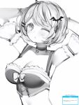  1girl ahoge arms_behind_head breasts choker cleavage corset detached_sleeves greyscale highres hololive large_breasts looking_at_viewer monochrome nanashi_(nlo) one_eye_closed parted_lips puffy_detached_sleeves puffy_short_sleeves puffy_sleeves short_sleeves simple_background solo upper_body virtual_youtuber white_background yozora_mel 