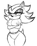  annoyed anthro arm_under_breasts breasts clothing crossgender english_text eulipotyphlan eyeshadow female greyscale hedgehog huegirl19 makeup mammal medium_breasts monochrome mtf_crossgender nipple_tape panties pasties profanity sega shadow_the_hedgehog simple_background solo sonic_the_hedgehog_(series) tape text text_on_clothing text_on_panties text_on_underwear underwear white_background 