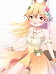  1girl :d animal_ear_fluff animal_ears bangs bare_shoulders blonde_hair blush breasts brown_background cleavage collarbone commentary_request dress ezo_red_fox_(kemono_friends) floating_hair flower fox_ears fox_girl fox_tail gradient_background gradient_dress gradient_hair green_flower green_rose grey_background hair_between_eyes hair_flower hair_ornament highres kemono_friends long_hair looking_at_viewer medium_breasts multicolored_hair orange_eyes red_flower red_rose rose shin01571 skirt_hold smile solo strapless strapless_dress tail very_long_hair white_dress white_hair wrist_cuffs yellow_dress 